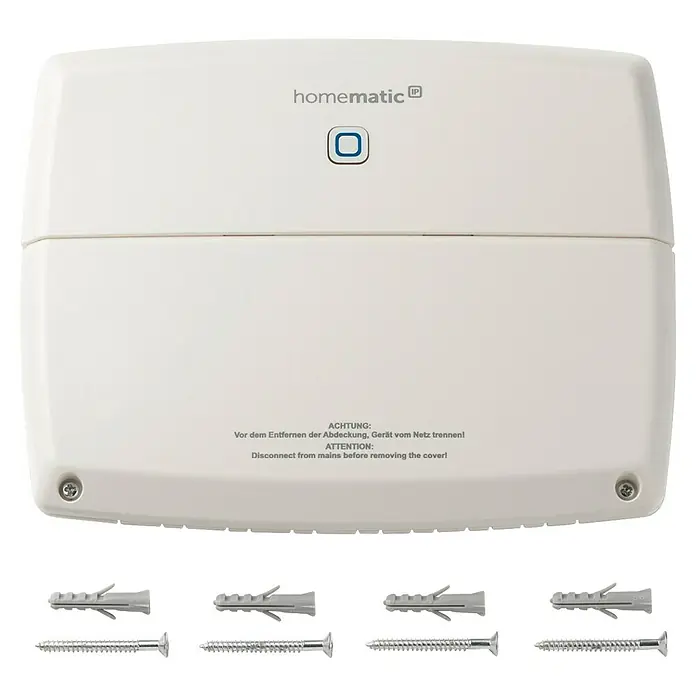 Homematic IP Centro de control Multi IO Box - Blanco, 3,4 x 19,9 x 15,6 cm - Dispositivo smart home Homematic IP blanco con botón y tornillos/tacos incluidos para el montaje.