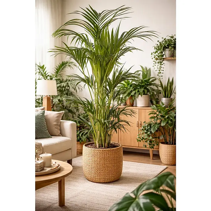 Piardino Kentiapalme mit 3-4 Tuffs - Howea forsteriana, Topfgröße: 24 cm - Großer geflochtener Pflanzenkorb mit einer grünen Palme in einem gemütlichen Wohnzimmer.