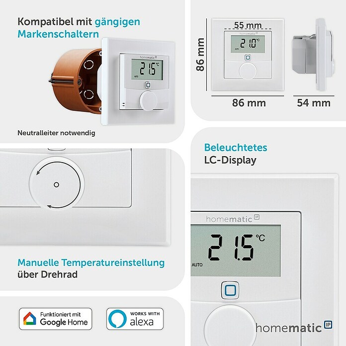 Homematic IP Funk-Raumthermostat (Netzbetrieben, 24 V/50 Hz, 54 x 86 x 86 mm)