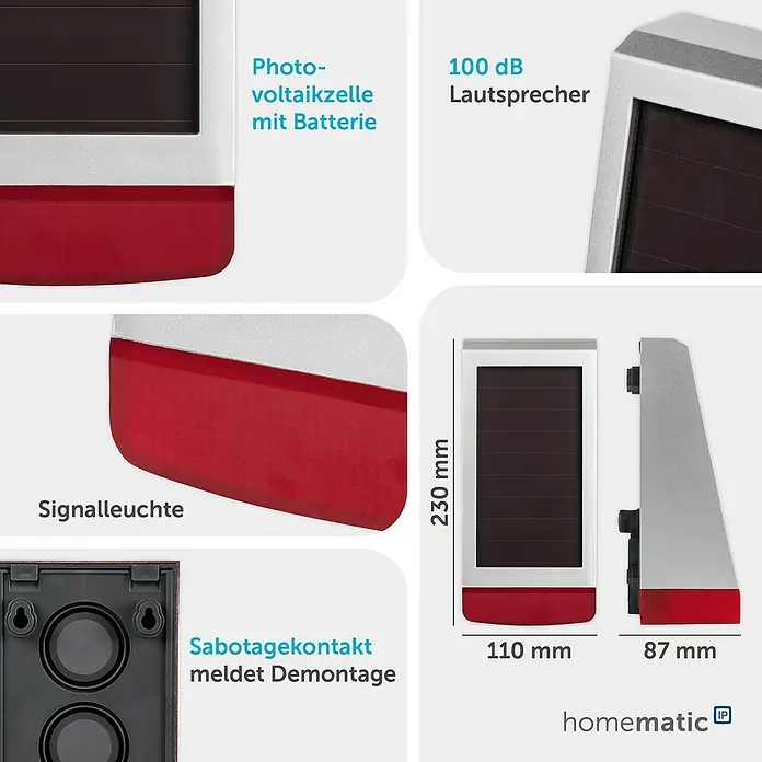 Homematic IP Alarmsirene HmIP-ASIR-O - Solarbetrieben, Alarmsignal: 100 dB, 8,7 x 11 x 23 cm - Solare Funk-Außensirene in Grau-Rot mit Solarpanel, Signalleuchte und 100 dB Lautsprecher.