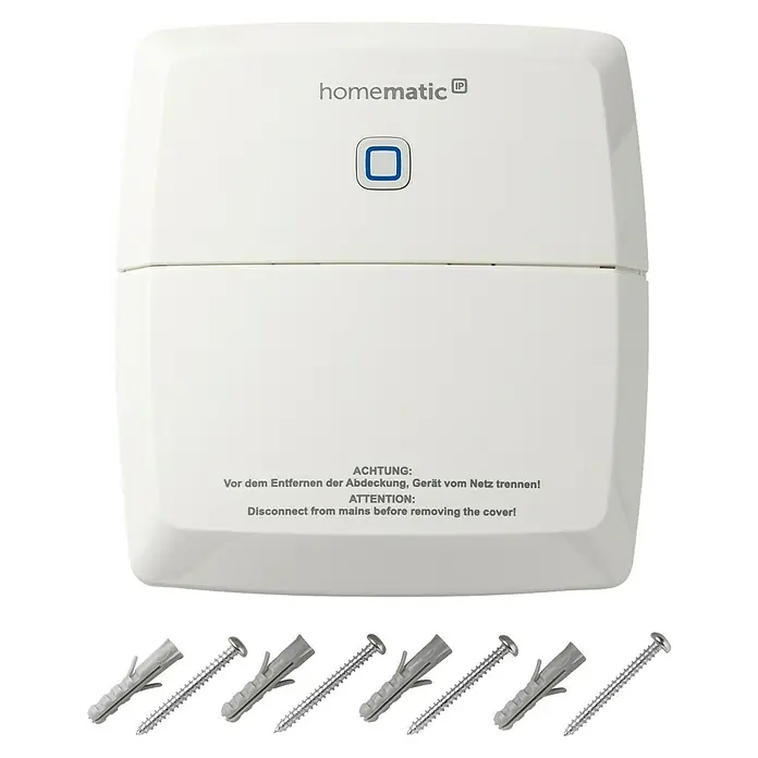 Homematic IP Conmutador inalámbrico Aktor HmIP-WHS2 - x 2, Blanco, 30 x 120 x 130 mm, 230 V - Dispositivo inteligente Homematic IP blanco con botón azul, texto de advertencia, tornillos y tacos para montaje.