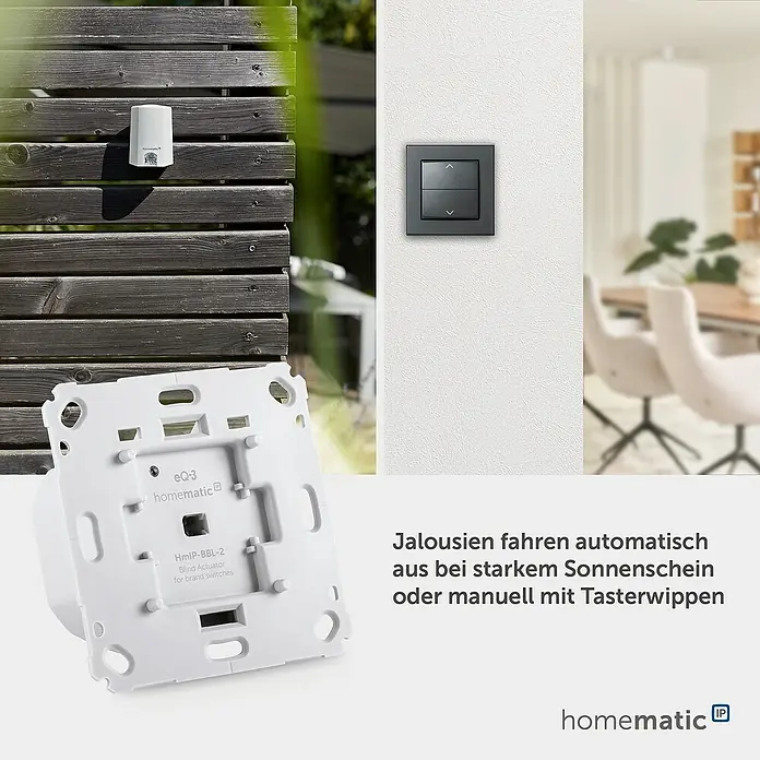 Homematic IP Jalousieschalter HmIP-BBL-2 - 230 V, Unterputz, 37 x 71 x 71 mm - Weißer Homematic IP Jalousieaktor für intelligente Steuerung, ermöglicht automatischen Sonnenschutz oder manuelle Bedienung mit Tasterwippen.
