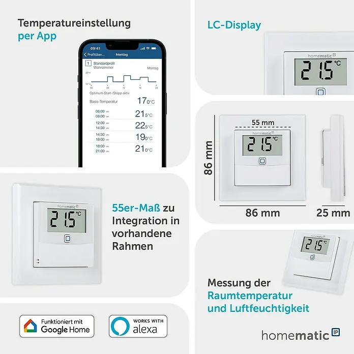 Homematic IP Funk-Temperatursensor HmIP-STHD - Weiß, 25 x 86 x 86 mm, Batteriebetrieben, Display - Weißer smarter Thermostat mit LC-Display zeigt Temperatur und Luftfeuchtigkeit, per App steuerbar, kompatibel mit Smart Home Systemen.