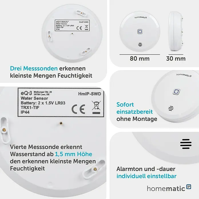Homematic IP Wassersensor HmIP-SWD - Weiß, Ø x H: 8 x 3 cm, Batteriebetrieben - Weißer, runder Homematic IP Wassersensor (80x30mm) mit mehreren Sonden zur Wassererkennung ab 1,5mm und einstellbarem Alarm.