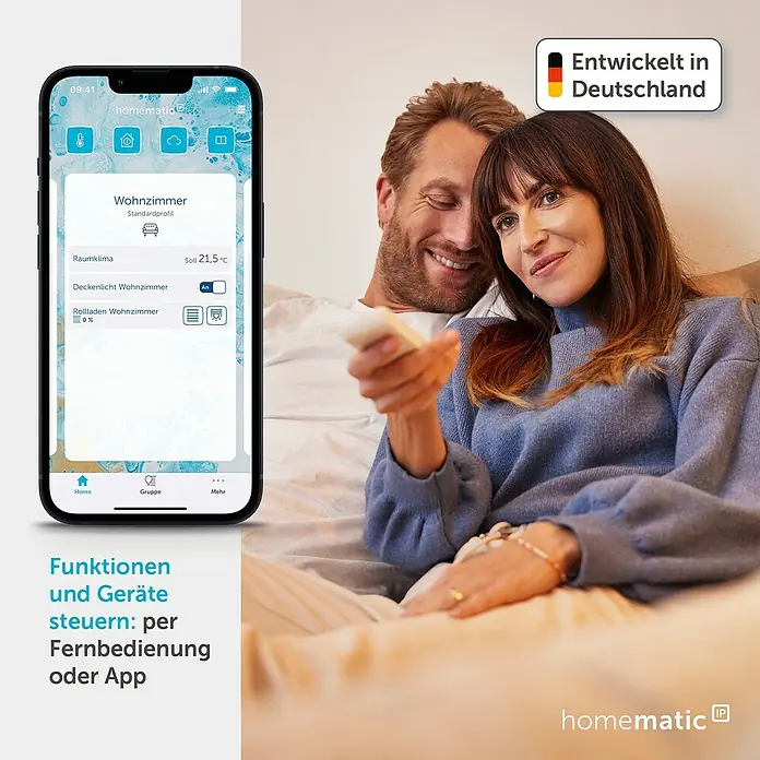 Homematic IP Funkfernbedienung HmIP-RC8 - 300 m, Weiß, 19 x 46 x 131 mm - Paar steuert Homematic IP Smart Home mit Fernbedienung und App, die Raumklima, Licht und Rollläden zeigt.