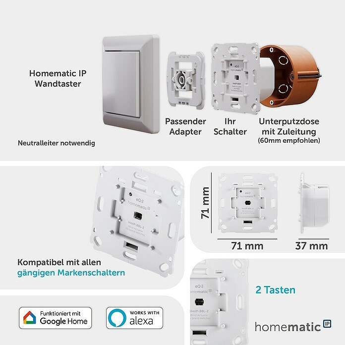 Homematic IP Jalousieschalter (230 V/50 Hz, Unterputz, 37 x 71 x 71 mm)