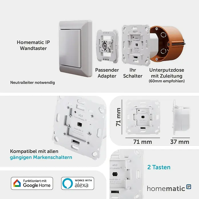 Homematic IP Jalousieschalter HmIP-BBL-2 - 230 V, Unterputz, 37 x 71 x 71 mm - Weißes Homematic IP Smart-Aktor-Modul, gezeigt mit Adapter, Abdeckplatte und Unterputzdose. Maße 71x71x37mm.