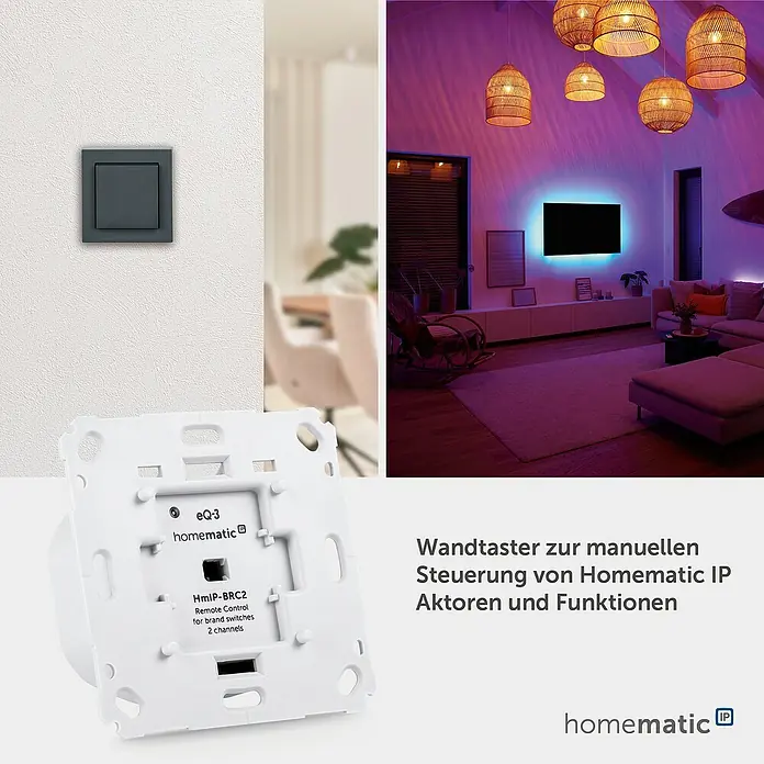 Homematic IP Funk-Wandtaster HmIP-BRC2 - 2-fach, Unterputz, 230 V, 37 x 71 x 71 mm - Dunkelgrauer Homematic IP Wandtaster (HmIP-BRC2) und seine Rückseite, zur smarten Steuerung im Wohnzimmer gezeigt.