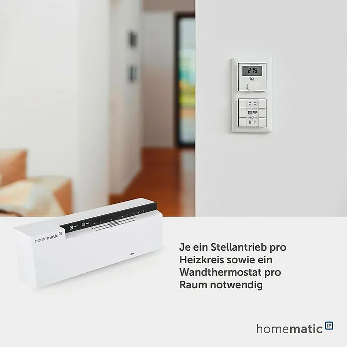Homematic IP Fußbodenheizungsregler HmIP-FAL230-C10 - 52 x 225 x 75 mm, Funk, 230 V - Weißes Homematic IP Heizungs-Steuergerät und ein weißes Wandthermostat mit Display und Schalterfeld.