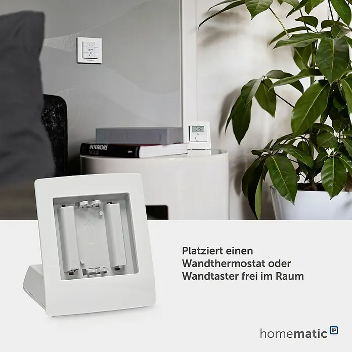 Homematic IP Halterung Tischaufsteller HmIP-DS55 - Batteriebetrieben, 7,9 x 9 x 6,7 cm, Weiß - Weiße Kunststoffbasis für Wandthermostat/Wandtaster, zeigt Batteriefächer. Ermöglicht freie Platzierung.