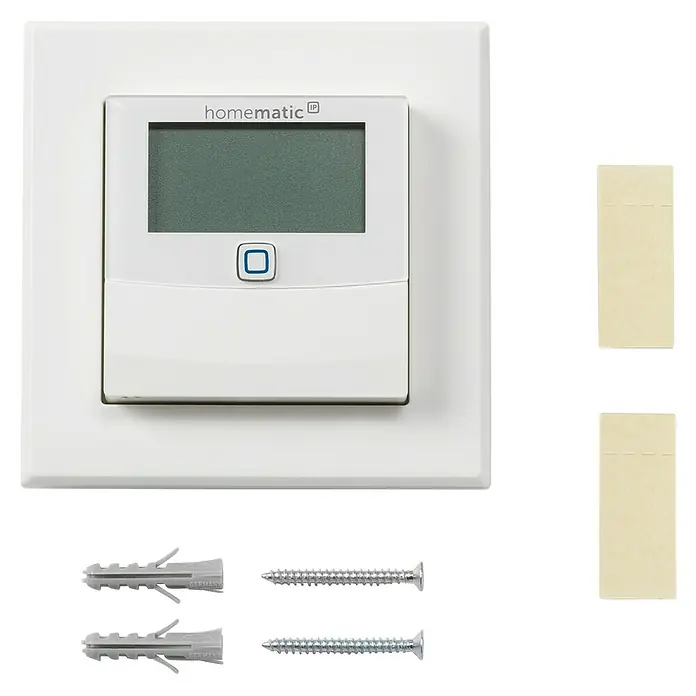Homematic IP Funk-Temperatursensor HmIP-STHD - Weiß, 25 x 86 x 86 mm, Batteriebetrieben, Display - Weißes Homematic IP Smart-Thermostat mit Display, inkl. Dübel, Schrauben und Klebestreifen zur Montage.