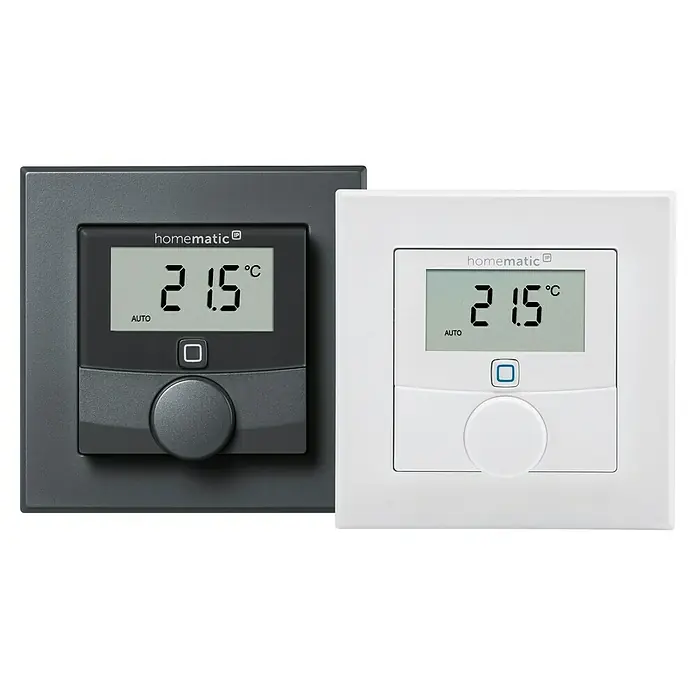 Homematic IP Funk-Raumthermostat HmIP-BWTH - Netzbetrieben, 230 V, 54 x 86 x 86 mm, Weiß - Zwei intelligente Raumthermostate, einer dunkelgrau und einer weiß, mit Digitalanzeigen für 21,5°C und AUTO-Modus, Drehknopf und Taste.