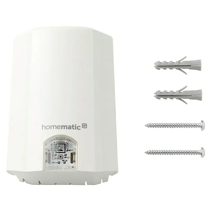 Homematic IP Funk-Lichtsensor HmIP-SLO - Weiß, 5,2 x 6,5 x 3,4 cm, Batteriebetrieben - Weißes Homematic IP Smart-Home-Gerät mit zwei grauen Dübeln und zwei silbernen Schrauben zur Montage.