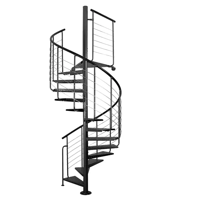 Atrium Spindeltreppe Heavy Metal - Farbton Metall: RAL 9005, Durchmesser: 119 cm, Riffelblech, Geschosshöhe: 280 cm - 300 cm - Schwarze Metall-Wendeltreppe mit Drahtgeländer.