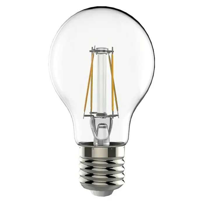 Garza Bombilla LED - E27, No regulable, Blanco frío, 7 W - Primer plano de una bombilla LED transparente con filamentos visibles y base plateada, ideal para iluminación decorativa.