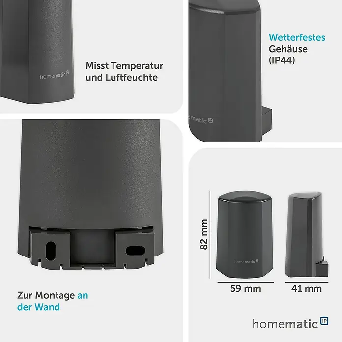 Homematic IP Funk-Temperatursensor HmIP-STHO-A - Anthrazit, 5,9 x 8,2 x 4,1 cm, Batteriebetrieben, IP44 - Dunkelgrauer Homematic IP Klimasensor, misst Temperatur und Luftfeuchtigkeit, wetterfest (IP44), zur Wandmontage.