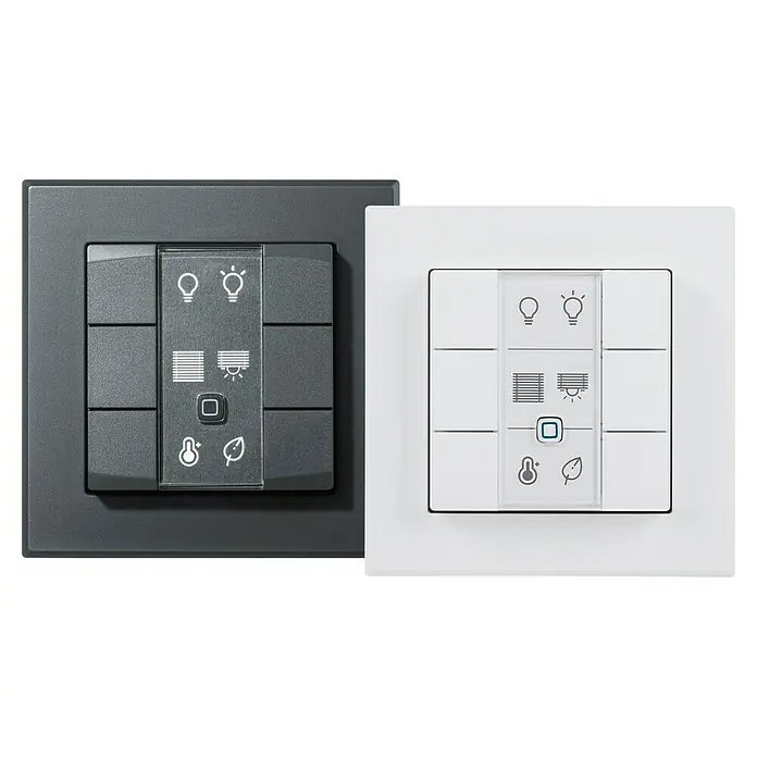 Homematic IP Funk-Wandtaster HmIP-WRC6-A - Batteriebetrieben, Anthrazit, 22 x 86 x 86 mm - Paar Smart-Home-Bedienfelder, eines dunkelgrau und eines weiß, mit Touch-Tasten und Symbolsteuerung für Licht, Jalousien und Klima.