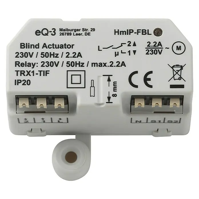Homematic IP Jalousieschalter HmIP-FBL - Unterputz, 41 x 54 x 33 mm, 230 V - Weißer eQ-3 HmIP-FBL Jalousieaktor mit elektrischen Spezifikationen und Anschlussklemmen.