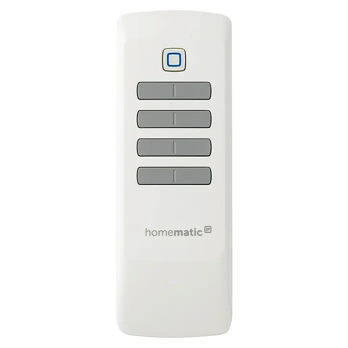 Homematic IP Funkfernbedienung HmIP-RC8 - 300 m, Weiß, 19 x 46 x 131 mm - Weiße Homematic IP Fernbedienung mit blau umrandeter Taste und vier grauen Wippschaltern.