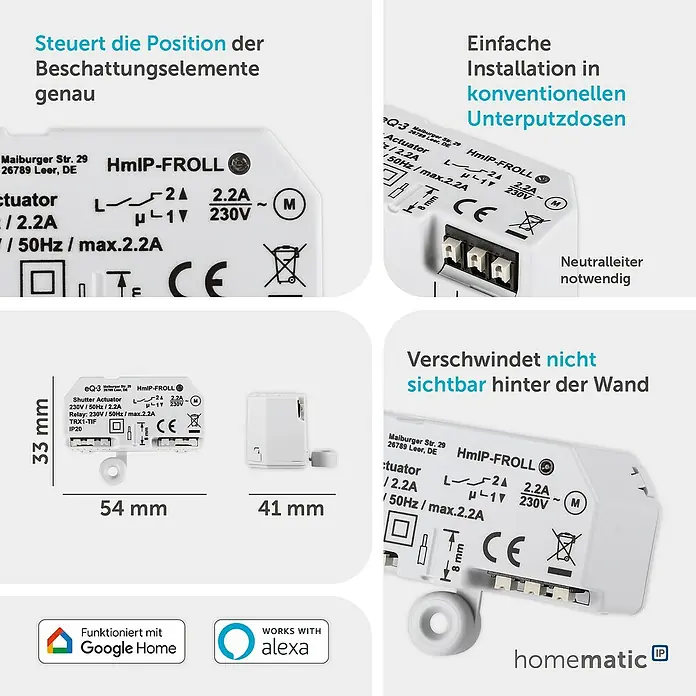 Homematic IP Rollladenschalter HmIP-FROLL - Unterputz, 54 x 41 x 33 mm, Funk - Weißer Homematic IP Unterputz-Jalousieaktor, Abmessungen und Anschlüsse sichtbar.