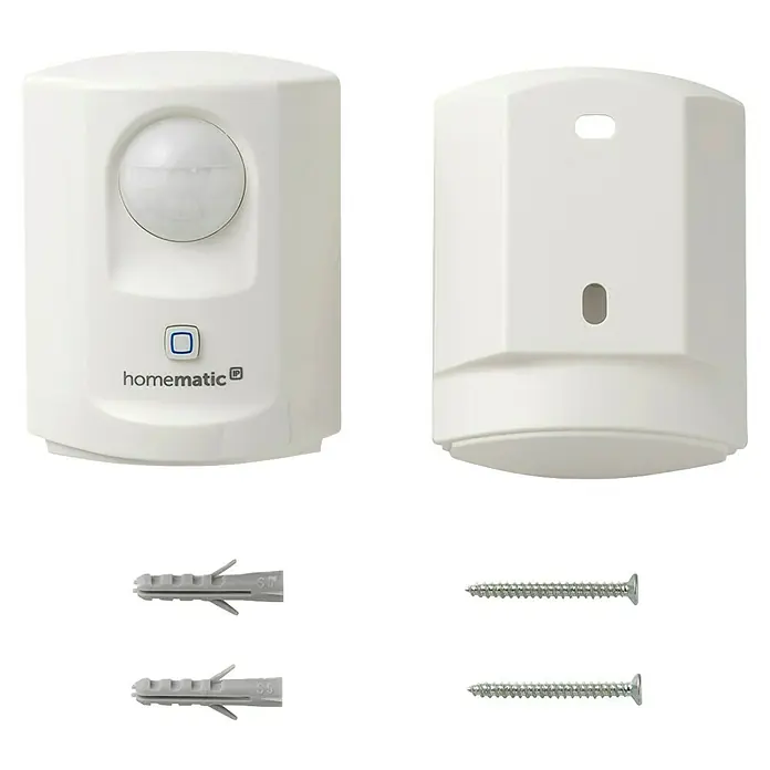 Homematic IP Funk-Bewegungsmelder HmIP-SMI - Weiß, 34 x 52 x 65 mm, Batteriebetrieben - Weißer HomeMatic IP Bewegungsmelder mit Vorder- und Rückansicht, inklusive zwei grauen Dübeln und zwei silbernen Schrauben zur Montage.