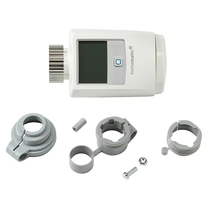 Homematic IP Heizkörper-Thermostat HmIP-eTRV-2 - Ventilanschluss: M30 x 1,5 mm, Batteriebetrieben, 97 x 58 x 71 mm, Weiß, 1 Stk. - Weißes Smart-Heizkörperthermostat mit Display und Taste, dazu graue Kunststoff-Montageadapter und Schrauben.