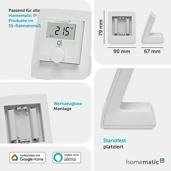 Homematic IP Halterung Tischaufsteller HmIP-DS55 - Batteriebetrieben, 7,9 x 9 x 6,7 cm, Weiß - Weißer Homematic IP Raumthermostat mit digitaler Temperaturanzeige, Batteriefach und stabilem Standfuß.
