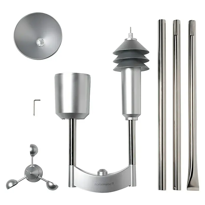 Homematic IP Funk-Wettersensor HmIP-SWO-PL - Batteriebetrieben, 15 x 35 x 53 cm, Edelstahl - Silberfarbene Homematic IP Wetterstation zerlegt, mit Regenmesser, Anemometer, Sensor, Wetterschutzhaube, Montagestangen und Inbusschlüssel.