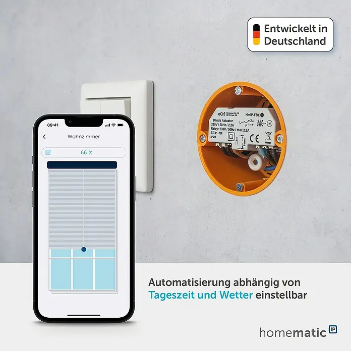 Homematic IP Jalousieschalter HmIP-FBL - Unterputz, 41 x 54 x 33 mm, 230 V - Smart-Home-App steuert Rollläden über gelben Homematic IP Aktor, ermöglicht Automatisierung nach Zeit und Wetter.