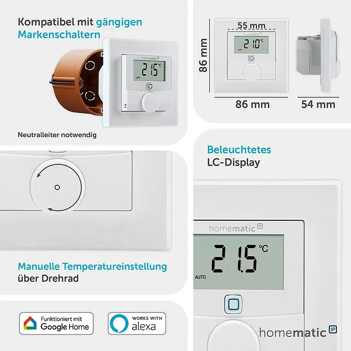 Homematic IP Funk-Raumthermostat HmIP-BWTH - Netzbetrieben, 230 V, 54 x 86 x 86 mm, Weiß - Weißer Homematic IP Raumthermostat mit digitalem Display und Drehregler zur Temperatursteuerung.