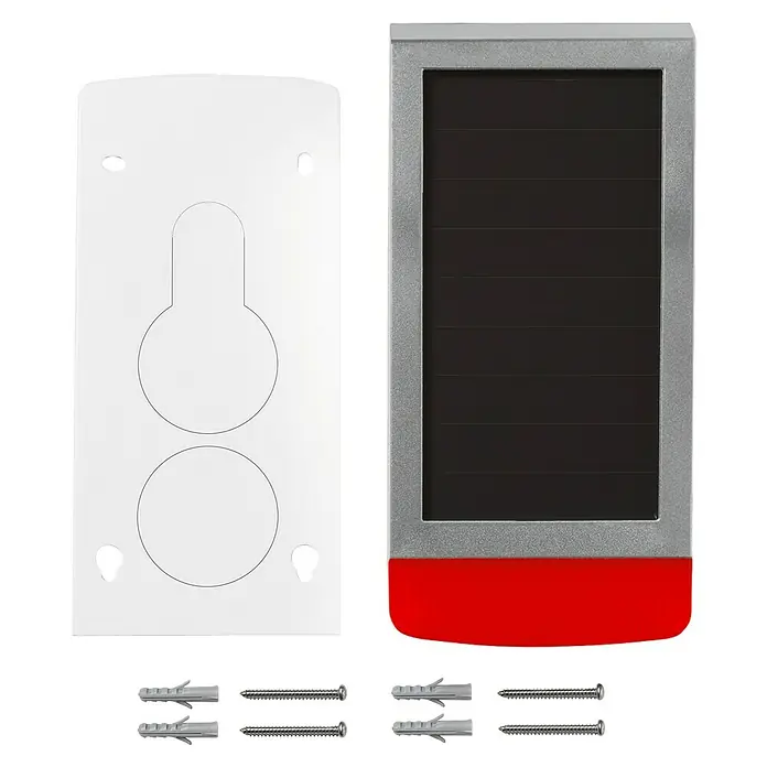 Homematic IP Alarmsirene HmIP-ASIR-O - Solarbetrieben, Alarmsignal: 100 dB, 8,7 x 11 x 23 cm - Weiße Montageplatte, silber/rotes Gerät, Schrauben und Dübel zur Installation.