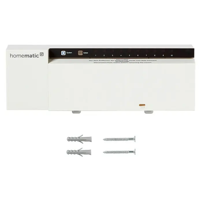 Homematic IP Fußbodenheizungsregler HmIP-FAL230-C10 - 52 x 225 x 75 mm, Funk, 230 V - Weißes Homematic IP Installationsgerät mit Tasten, Anzeigen (1-10), zwei Dübeln und zwei Schrauben.