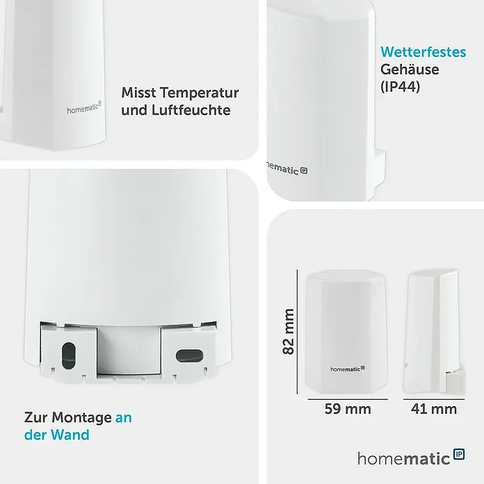 Homematic IP Funk-Temperatursensor HmIP-STHO - Weiß, 5,9 x 8,2 x 4,1 cm, Batteriebetrieben, IP44 - Weißer Homematic IP wetterfester Sensor (IP44) zur Wandmontage, misst Temperatur und Luftfeuchtigkeit. Maße: 82x59x41mm.