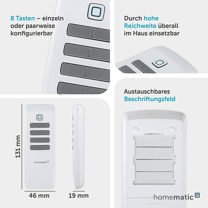 Homematic IP Funkfernbedienung (300 m (Freifeld), Weiß, 19 x 46 x 131 mm)
