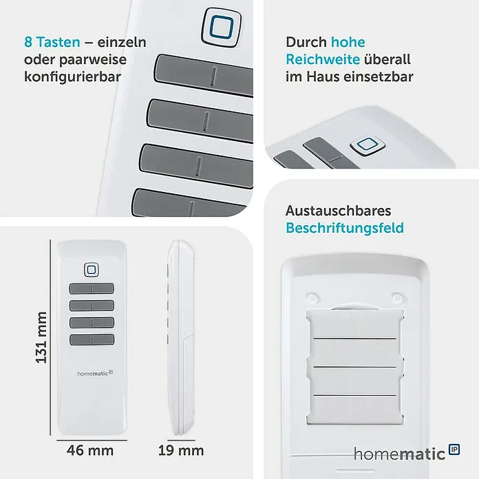 Homematic IP Funkfernbedienung HmIP-RC8 - 300 m, Weiß, 19 x 46 x 131 mm - Weißer Homematic IP Handsender, 131x46x19mm, mit 8 konfigurierbaren grauen Tasten und beschriftbarem Feld.