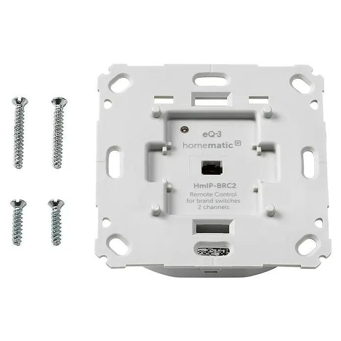 Homematic IP Funk-Wandtaster HmIP-BRC2 - 2-fach, Unterputz, 230 V, 37 x 71 x 71 mm - Weiße Homematic IP 2-Kanal-Fernbedienung (Rückansicht) für Markenschalter, mit Montageschrauben. Kunststoffgehäuse.