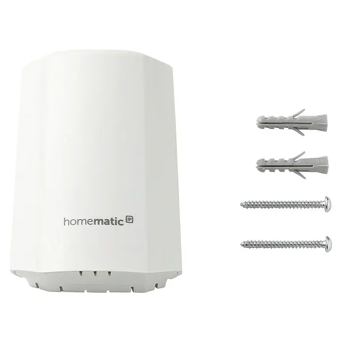 Homematic IP Funk-Temperatursensor HmIP-STHO - Weiß, 5,9 x 8,2 x 4,1 cm, Batteriebetrieben, IP44 - Weißes Homematic IP Smart-Home-Gerät mit Montagezubehör: zwei graue Dübel und zwei silberne Schrauben.