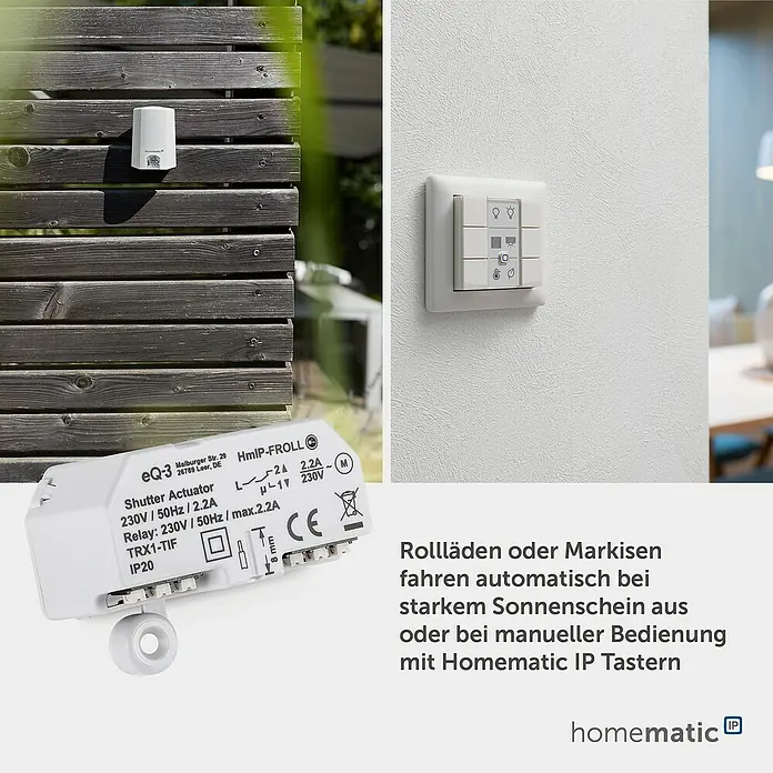 Homematic IP Rollladenschalter HmIP-FROLL - Unterputz, 54 x 41 x 33 mm, Funk - Weißer Homematic IP Rollladenaktor für die Smart-Home-Steuerung von Rollläden/Markisen, dargestellt mit Außensensor und Wandschalter.