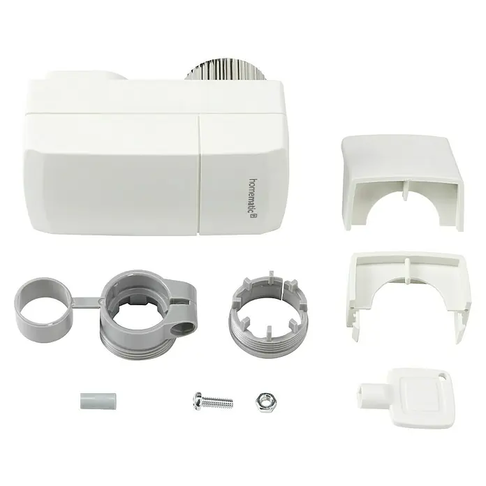 Homematic IP Heizkörper-Thermostat HmIP-eTRV-C-2 - M30 x 1,5 mm, Batteriebetrieben, Weiß - Weißer Homematic Heizkörperthermostat und diverses graues und weißes Montagezubehör, Abdeckung, Schraube, Mutter, Schlüssel.