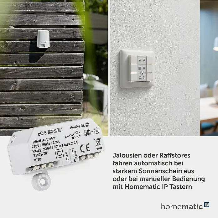 Homematic IP Jalousieschalter HmIP-FBL - Unterputz, 41 x 54 x 33 mm, 230 V - Weißer Homematic IP Rollladenaktor, Außensensor am Zaun und smarter Wandschalter steuern Jalousien automatisch oder manuell.