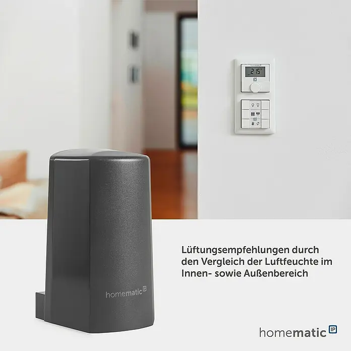 Homematic IP Funk-Temperatursensor HmIP-STHO-A - Anthrazit, 5,9 x 8,2 x 4,1 cm, Batteriebetrieben, IP44 - Dunkelgraues Homematic IP Smart Home Gerät neben weißem Wandthermostat, zur Luftfeuchteüberwachung und Lüftungssteuerung.