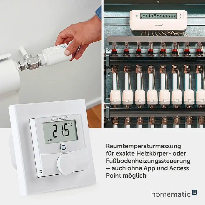 Homematic IP Funk-Raumthermostat HmIP-BWTH - Netzbetrieben, 230 V, 54 x 86 x 86 mm, Weiß - Weiße Homematic IP Smart-Thermostate für Heizkörper und Fußbodenheizung, mit digitaler Anzeige und Steuereinheit.