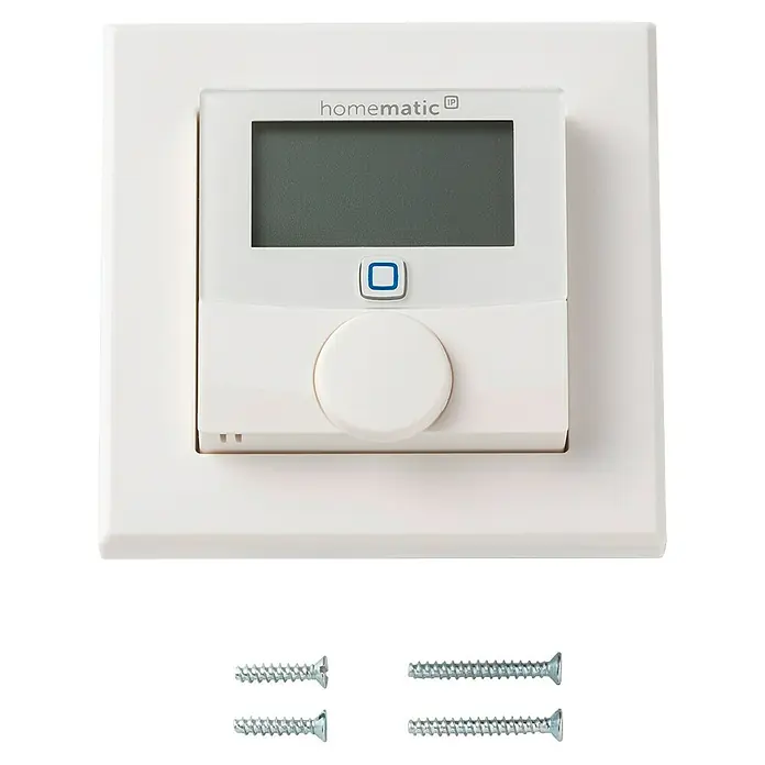 Homematic IP Funk-Raumthermostat HmIP-BWTH - Netzbetrieben, 230 V, 54 x 86 x 86 mm, Weiß - Weißer Homematic IP Raumthermostat mit Display, Taste und Drehregler in Rahmen, darunter vier Schrauben.