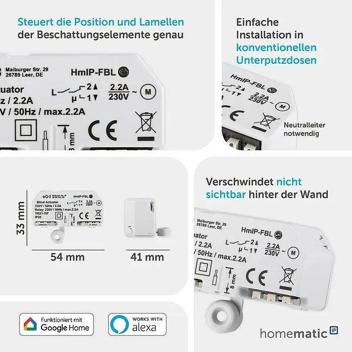 Homematic IP Jalousieschalter HmIP-FBL - Unterputz, 41 x 54 x 33 mm, 230 V - Weißer Homematic IP HmIP-FBL Jalousieaktor, kompaktes Design (33x54x41mm), für konventionelle Unterputzdosen. Kompatibel mit Google Home & Alexa.