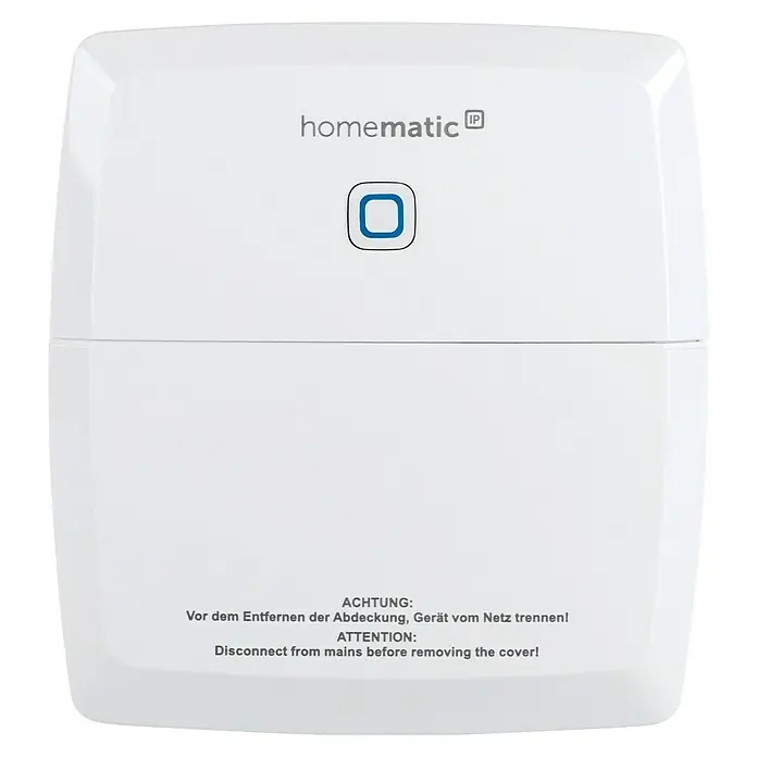Homematic IP Funkschalter Aktor HmIP-WHS2 - 2-fach, Weiß, 30 x 120 x 130 mm, 230 V - Weißes Homematic IP Smart-Home-Gerät mit blau umrandetem quadratischem Knopf in der Mitte.