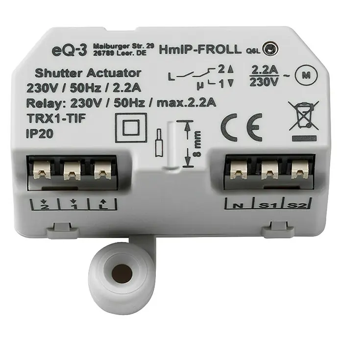 Homematic IP Rollladenschalter HmIP-FROLL - Unterputz, 54 x 41 x 33 mm, Funk - Weißer Kunststoff eQ-3 HmIP-FROLL Rollladenaktor mit klar gekennzeichneten elektrischen Spezifikationen und Anschlussklemmen für Strom und Steuerung.