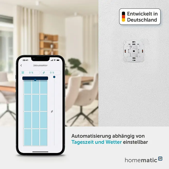 Homematic IP Jalousieschalter HmIP-BBL-2 - 230 V, Unterputz, 37 x 71 x 71 mm - Smartphone zeigt Smart-Home-App zur Jalousiesteuerung, daneben ein Homematic IP Jalousieaktor (HmIP-BBL-2) an der Wand.