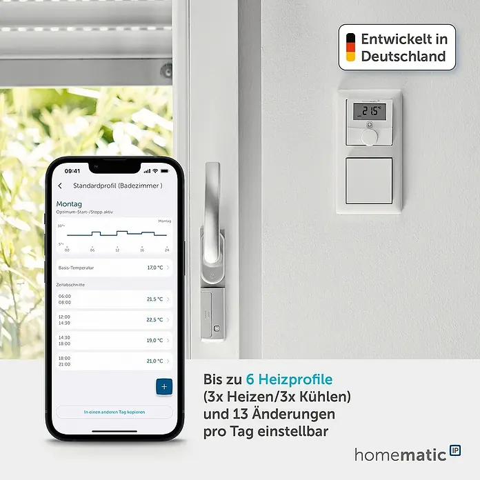 Homematic IP Fußbodenheizungsregler HmIP-FAL230-C10 - 52 x 225 x 75 mm, Funk, 230 V - Smartphone zeigt Heizprofil für einen weißen Wandthermostat neben einem Fenstergriffsensor. Ein in Deutschland entwickeltes Smart Home System.