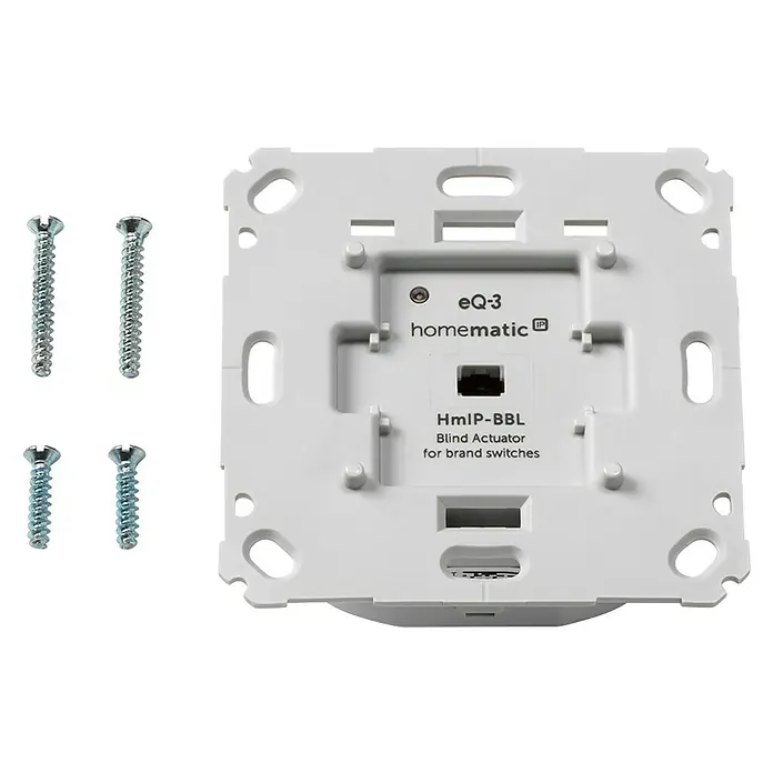 Homematic IP Jalousieschalter HmIP-BBL-2 - 230 V, Unterputz, 37 x 71 x 71 mm - Weiße Homematic IP Hmip-BBL Rollladenaktor-Rückplatte mit Befestigungslöchern und Schrauben.