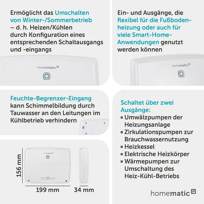 Homematic IP Steuerzentrale Multi IO Box HmIP-MIOB - Weiß, 3,4 x 19,9 x 15,6 cm - Weißes, rechteckiges Homematic IP Smart-Home-Steuergerät für Heiz- und Kühlsysteme, mit Feuchteeingang und sichtbaren Maßen.
